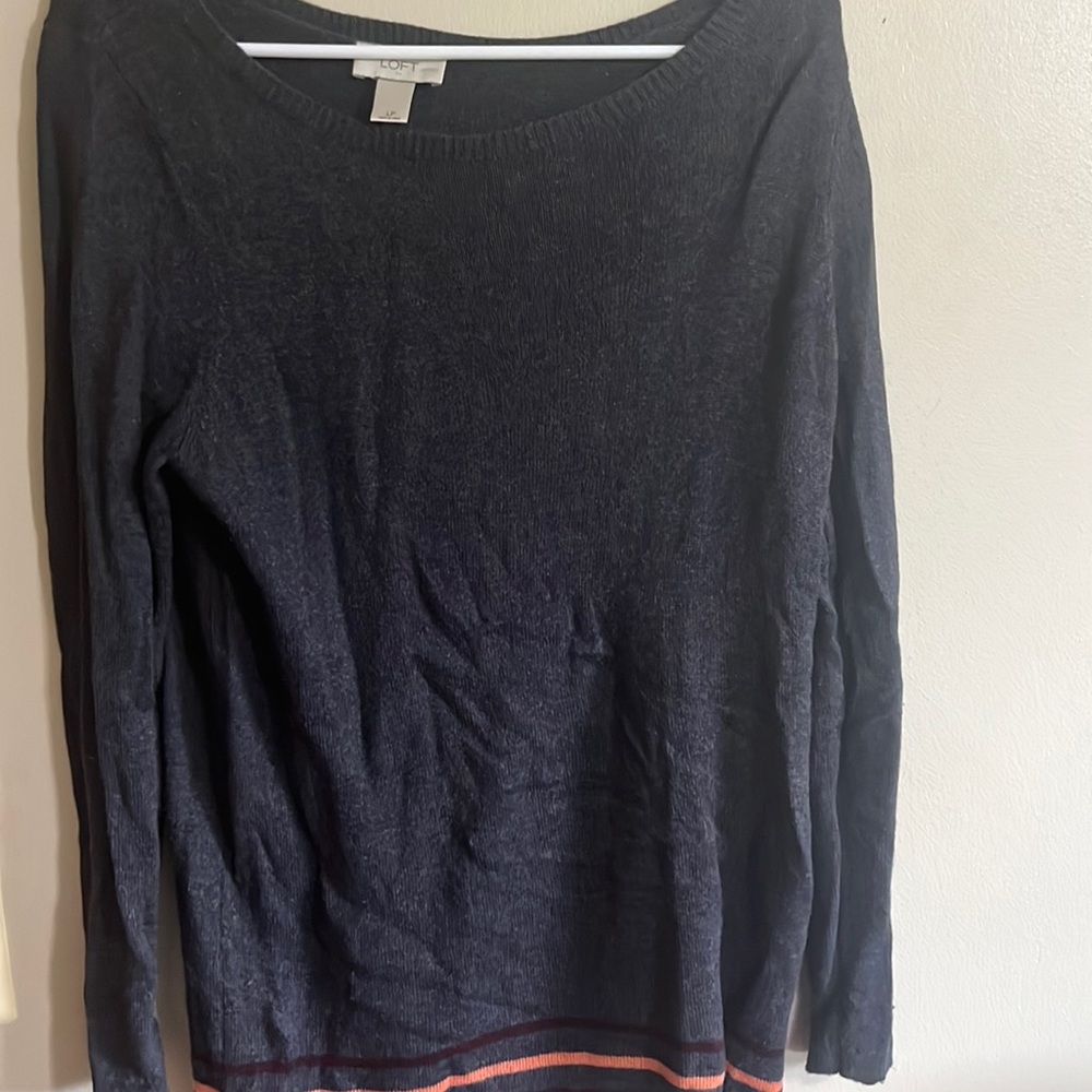 LOFT Sweater Large Petite Gray Pink Striped Pullover Women's Top